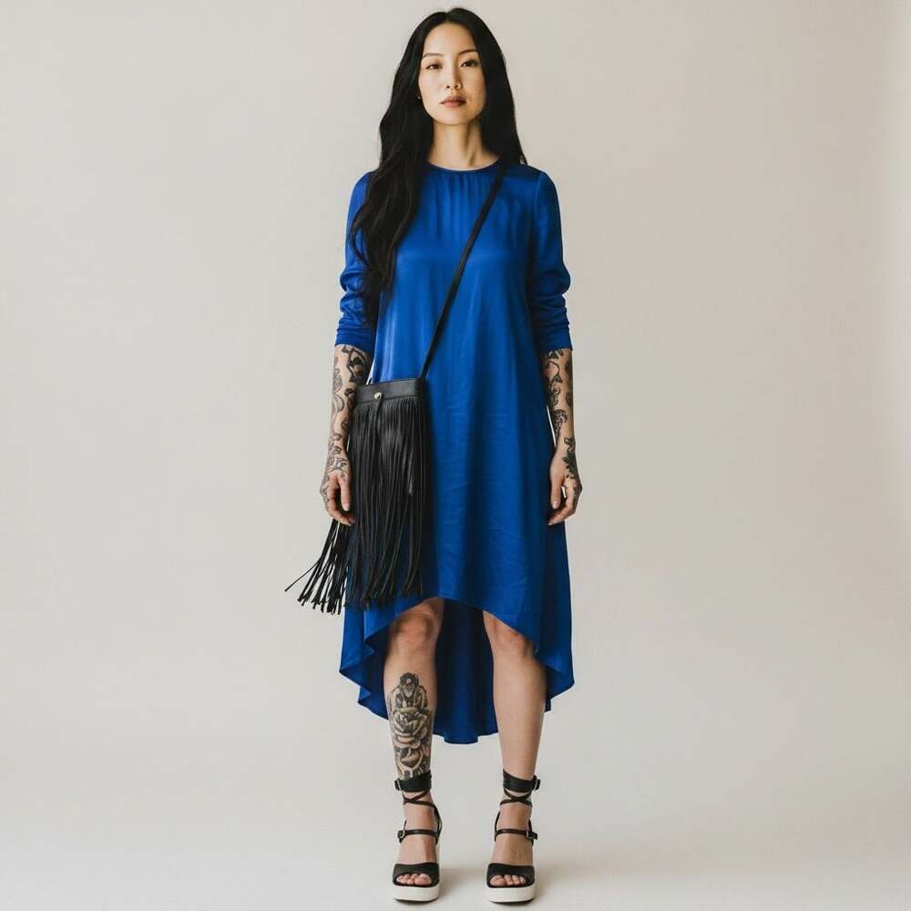 Rabens Saloner Royal Blue Long Sleeve Asymmetric High-Low Tunic Dress